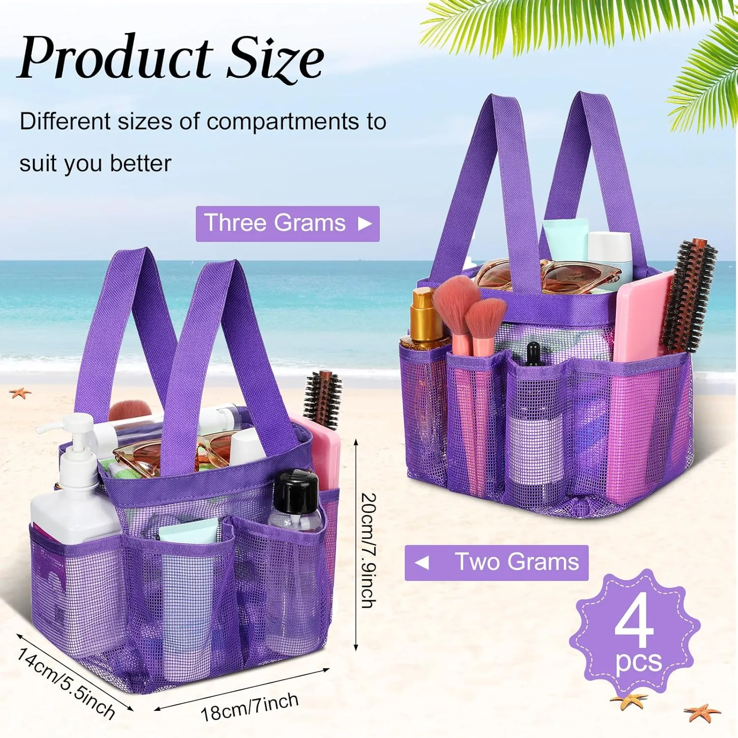 Hillban 4 Pcs Mesh Shower Caddy Portable Large Quick Dry Shower Caddy Basket with Deeper 8 Pockets and 2 Handles Hanging Bag for College Dorm Room (Purple)