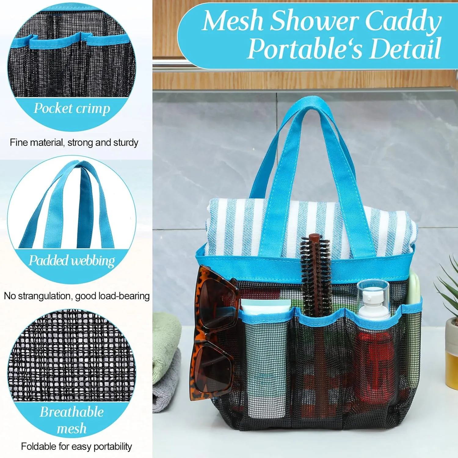 Hillban 4 Pcs Mesh Shower Caddy Portable Large Quick Dry Shower Caddy Basket with Deeper 8 Pockets and 2 Handles Hanging Bag for College Dorm Room(Blue)