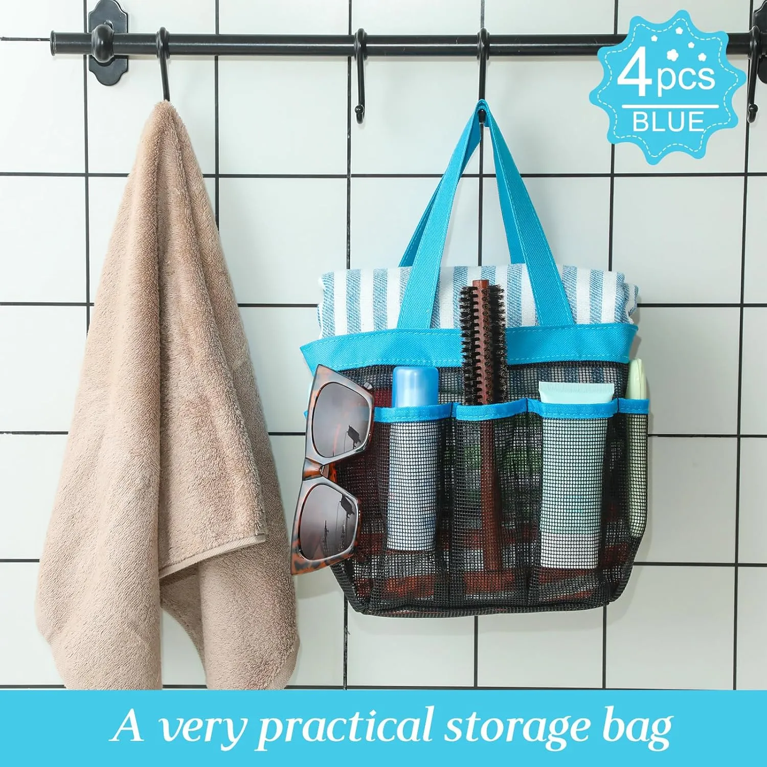 Hillban 4 Pcs Mesh Shower Caddy Portable Large Quick Dry Shower Caddy Basket with Deeper 8 Pockets and 2 Handles Hanging Bag for College Dorm Room(Blue)