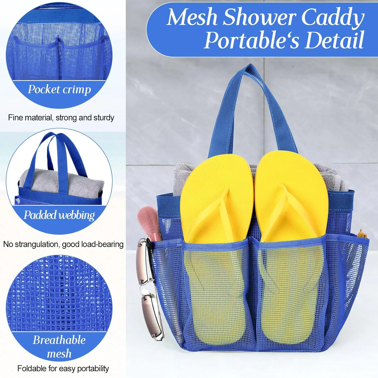 Hillban 4 Pcs Mesh Shower Caddy Portable Large Quick Dry Shower Caddy Basket with Deeper 8 Pockets and 2 Handles Hanging Bag for College Dorm Room(Navy Blue)