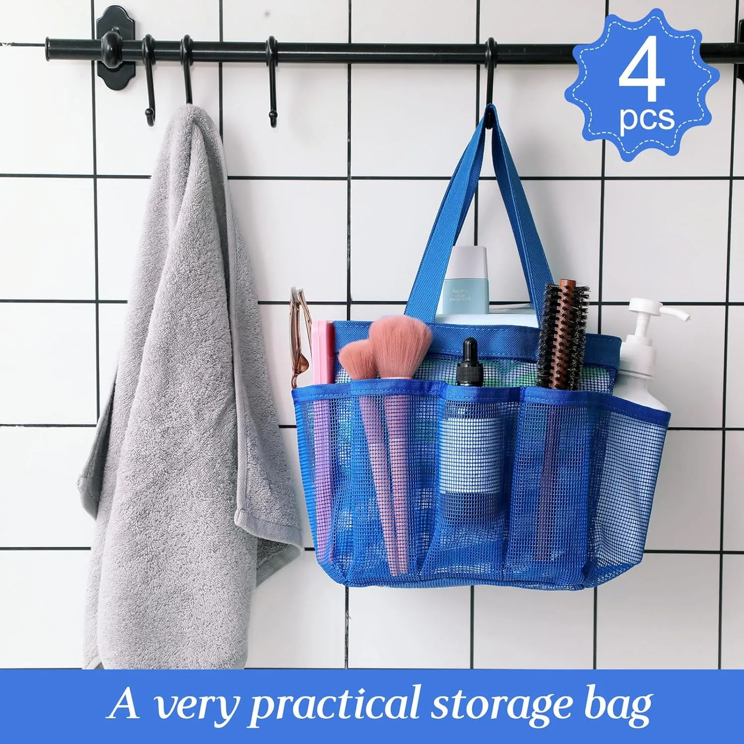 Hillban 4 Pcs Mesh Shower Caddy Portable Large Quick Dry Shower Caddy Basket with Deeper 8 Pockets and 2 Handles Hanging Bag for College Dorm Room(Navy Blue)