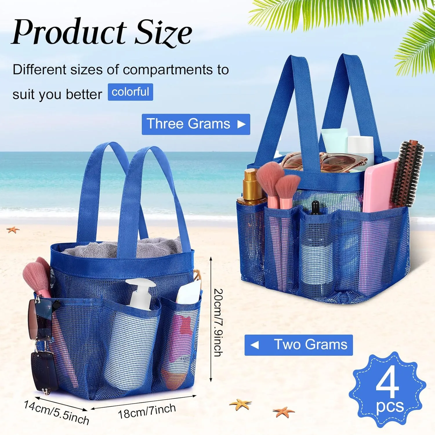 Hillban 4 Pcs Mesh Shower Caddy Portable Large Quick Dry Shower Caddy Basket with Deeper 8 Pockets and 2 Handles Hanging Bag for College Dorm Room(Navy Blue)