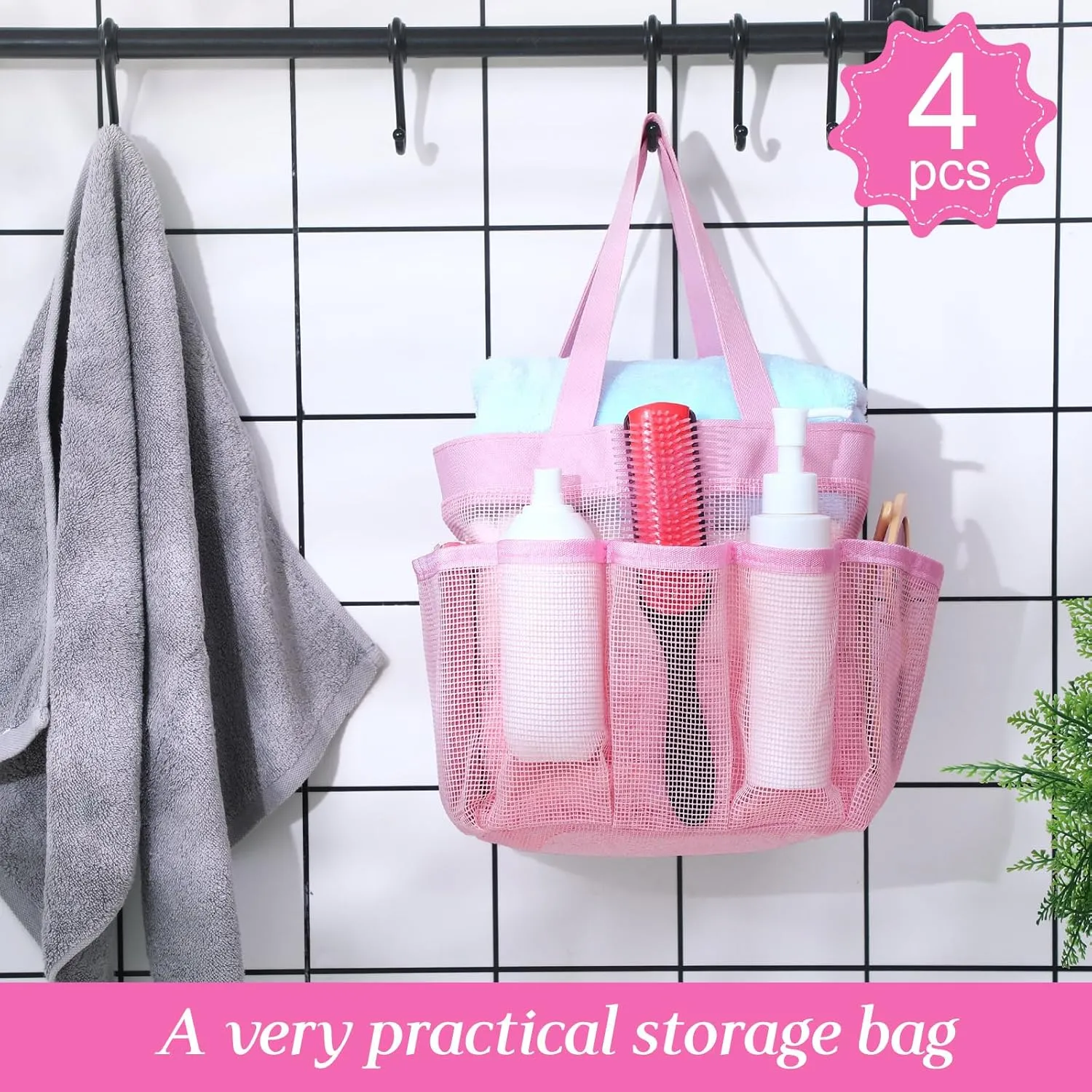 Hillban 4 Pcs Mesh Shower Caddy Portable Large Quick Dry Shower Caddy Basket with Deeper 8 Pockets and 2 Handles Hanging Bag for College Dorm Room(Pink)
