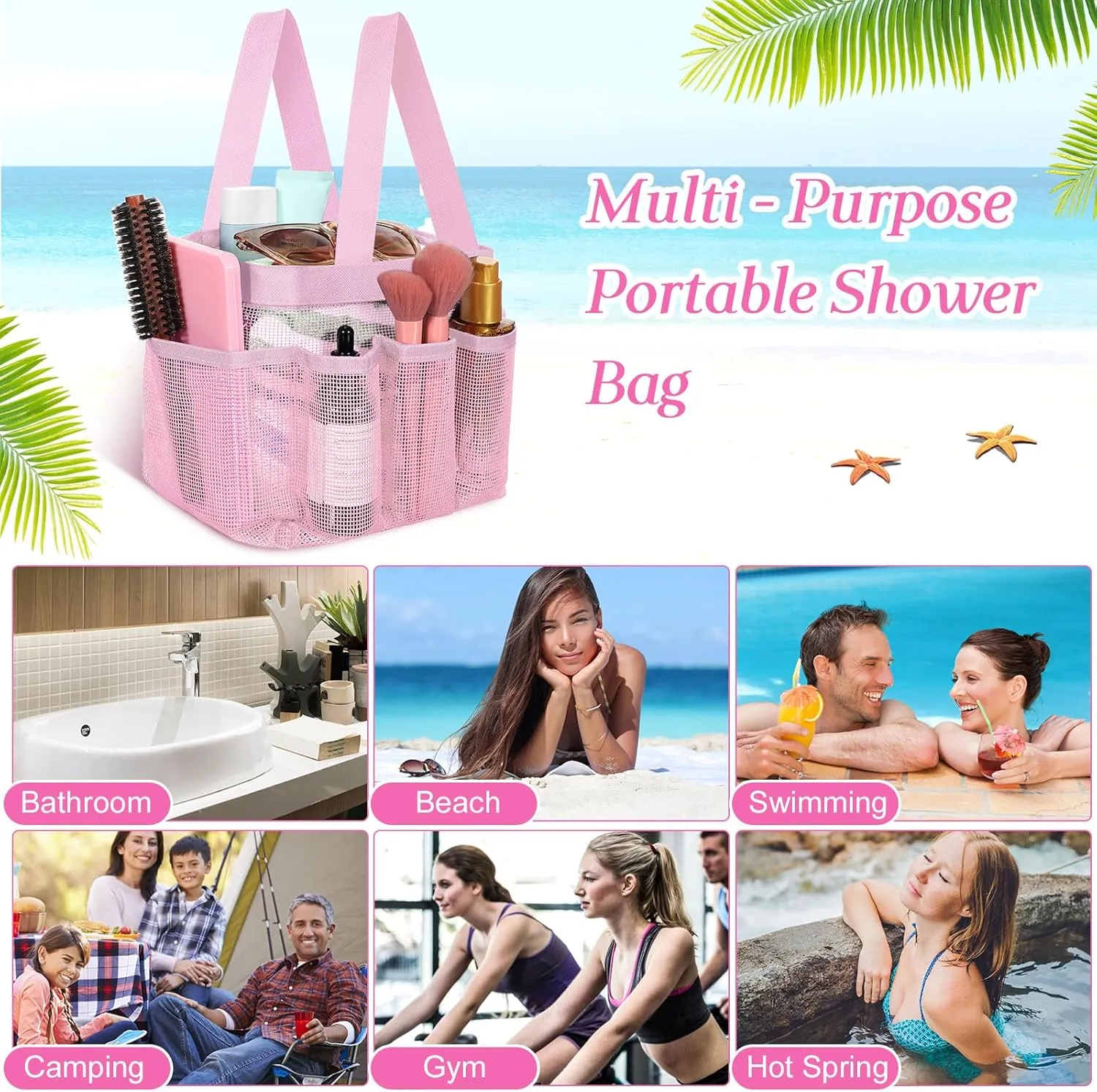 Hillban 4 Pcs Mesh Shower Caddy Portable Large Quick Dry Shower Caddy Basket with Deeper 8 Pockets and 2 Handles Hanging Bag for College Dorm Room(Pink)