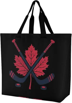 Hockey Sticks Crossed with Canada Maple Women's Shoulder Shopping Bags Foldable Tote Bag Large Capacity Handbag for Work Travel