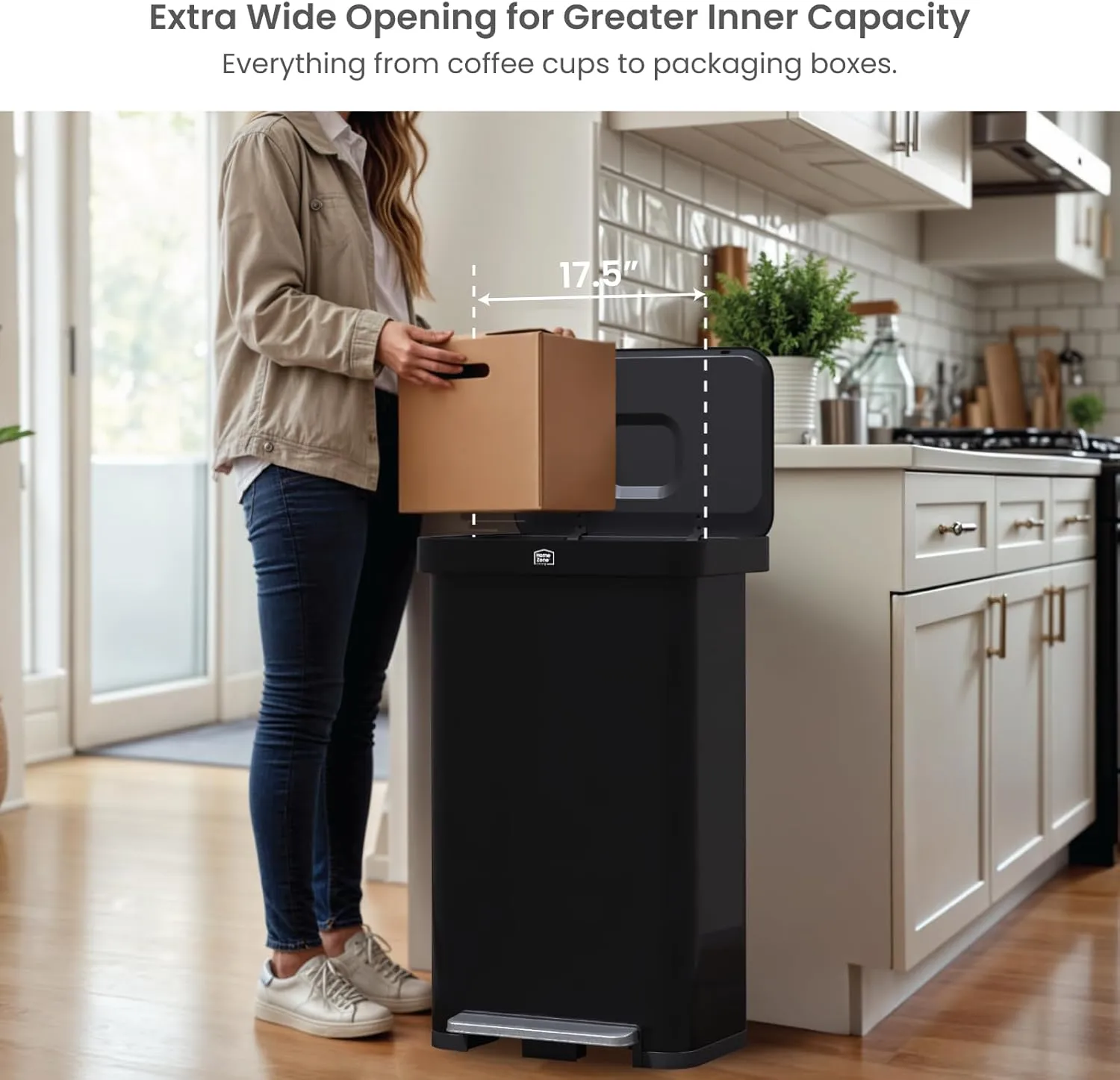Home Zone Living 18.5 Gallon Stainless Steel Kitchen Trash Can with Soft and Slow Closing Lid, Virtuoso Collection, Black