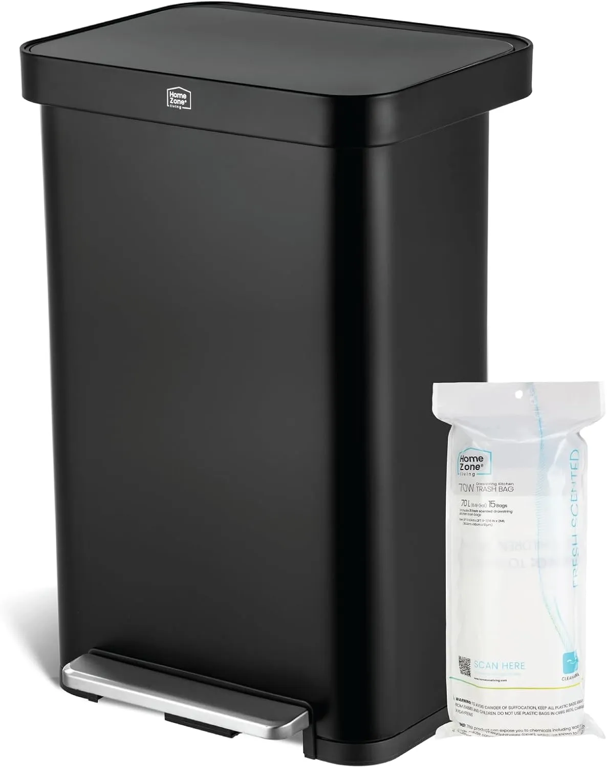 Home Zone Living 18.5 Gallon Stainless Steel Kitchen Trash Can with Soft and Slow Closing Lid, Virtuoso Collection, Black