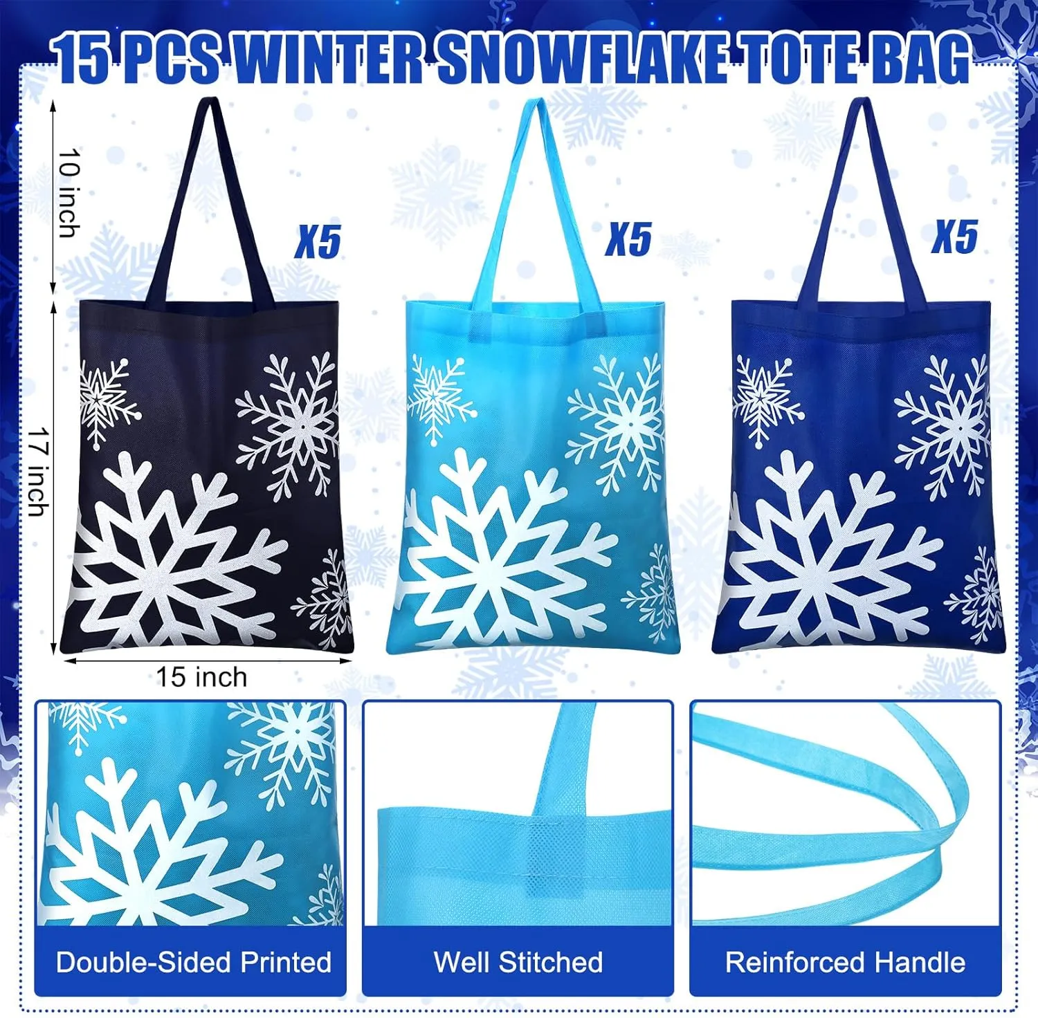 Hosuly 15 Pcs Large Snowflake Gift Bags 15 x 17 Inch Winter Wonderland Tote Reusable Frozen Jumbo Bags with Handle for Winter Party Favor Supply