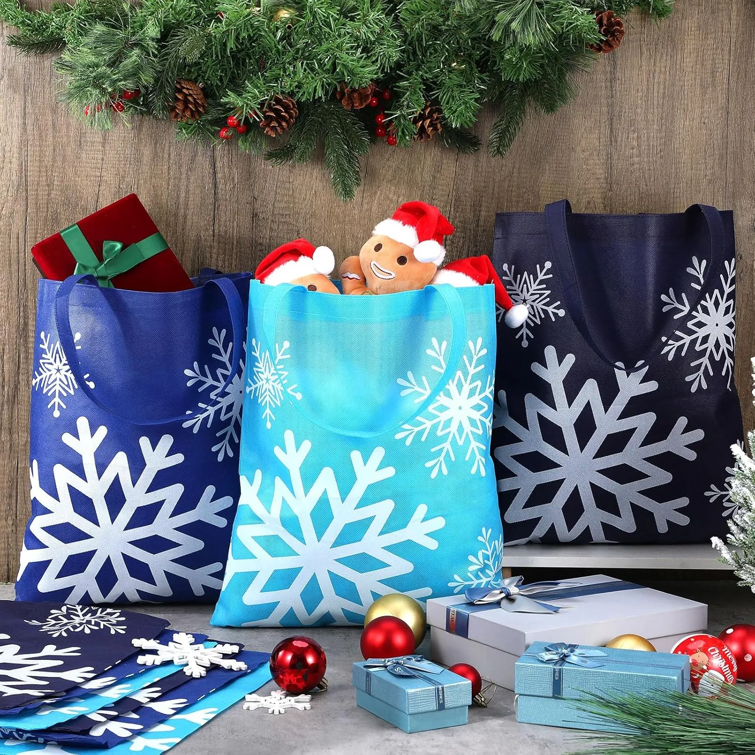Hosuly 15 Pcs Large Snowflake Gift Bags 15 x 17 Inch Winter Wonderland Tote Reusable Frozen Jumbo Bags with Handle for Winter Party Favor Supply