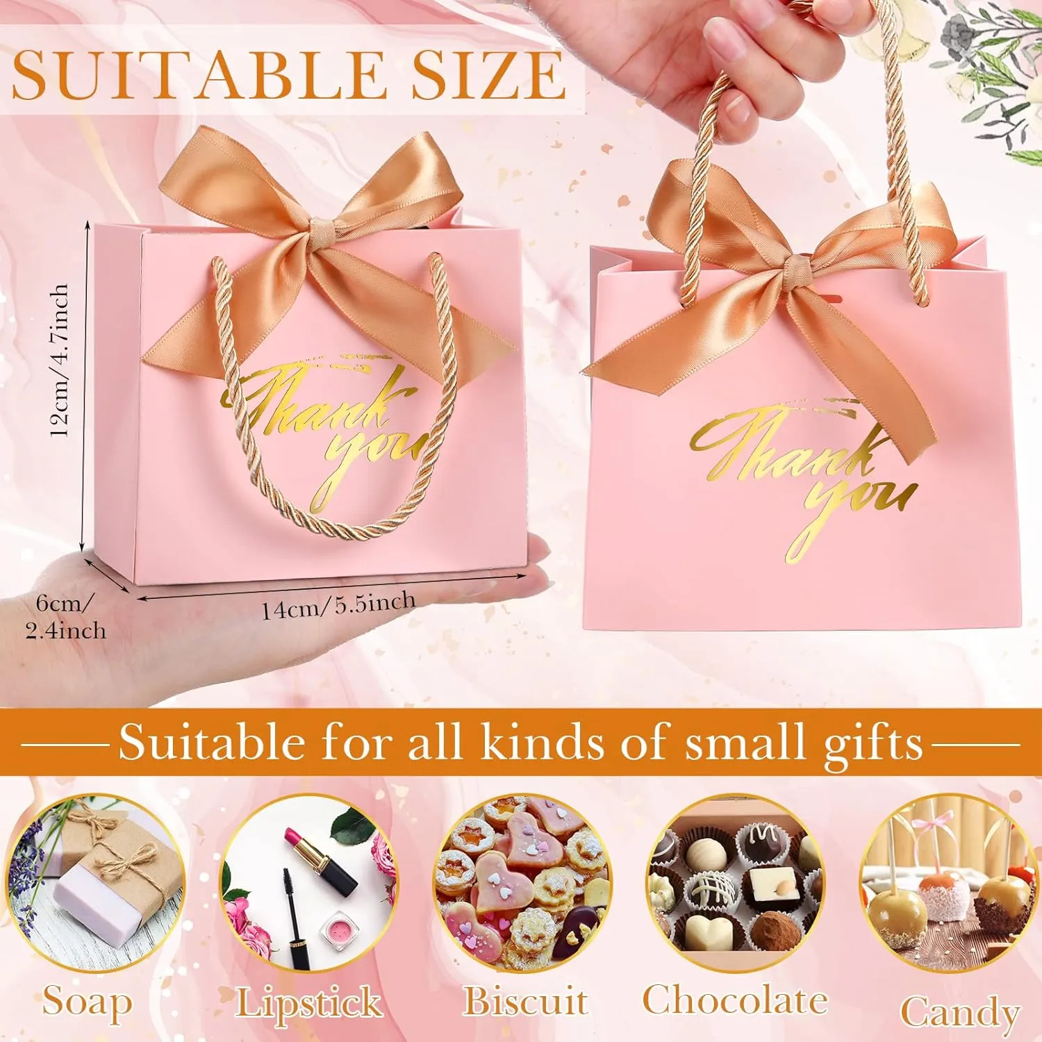 Hsei 40 Pcs Thank You Gift Bags with Handles 5.5 x 2.4 x 4.7 Inches Gold Foil Thank You Small Paper Bags Party Favor with Bow Ribbon Bulk for Christmas Wedding Birthday(Pink)