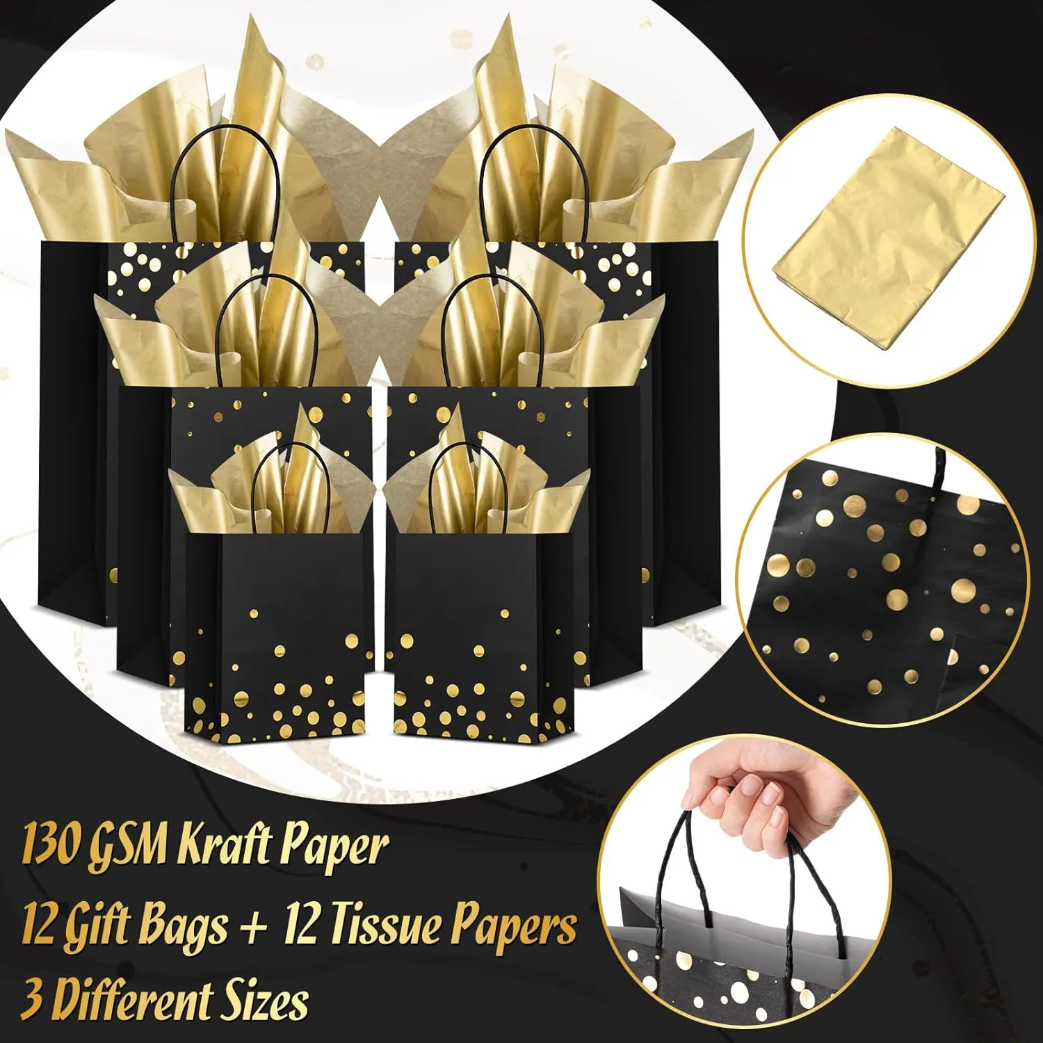 Humyoun 12 Pack Graduation Gift Bags(4 Small 6.5" 4 Medium 9.6" 4 Large 13") with Tissue Paper St. Patrick's Day Treat Bag for Mother's Day Easter Birthday Bridal Shower(Black Gold)