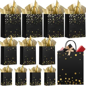 Humyoun 12 Pack Graduation Gift Bags(4 Small 6.5" 4 Medium 9.6" 4 Large 13") with Tissue Paper St. Patrick's Day Treat Bag for Mother's Day Easter Birthday Bridal Shower(Black Gold)