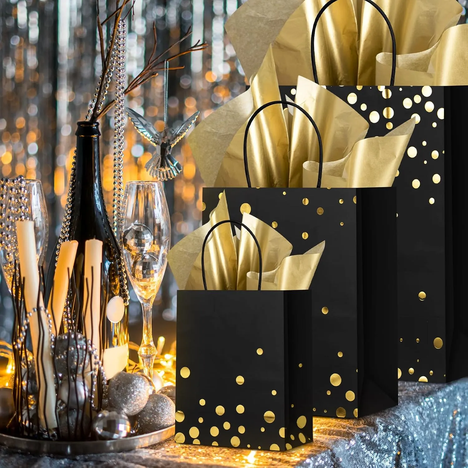 Humyoun 12 Pack Graduation Gift Bags(4 Small 6.5" 4 Medium 9.6" 4 Large 13") with Tissue Paper St. Patrick's Day Treat Bag for Mother's Day Easter Birthday Bridal Shower(Black Gold)