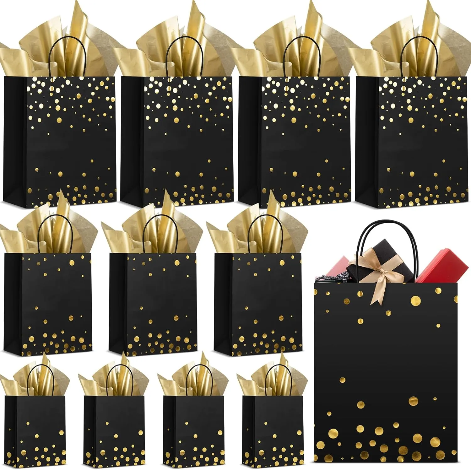 Humyoun 12 Pack Graduation Gift Bags(4 Small 6.5" 4 Medium 9.6" 4 Large 13") with Tissue Paper St. Patrick's Day Treat Bag for Mother's Day Easter Birthday Bridal Shower(Black Gold)