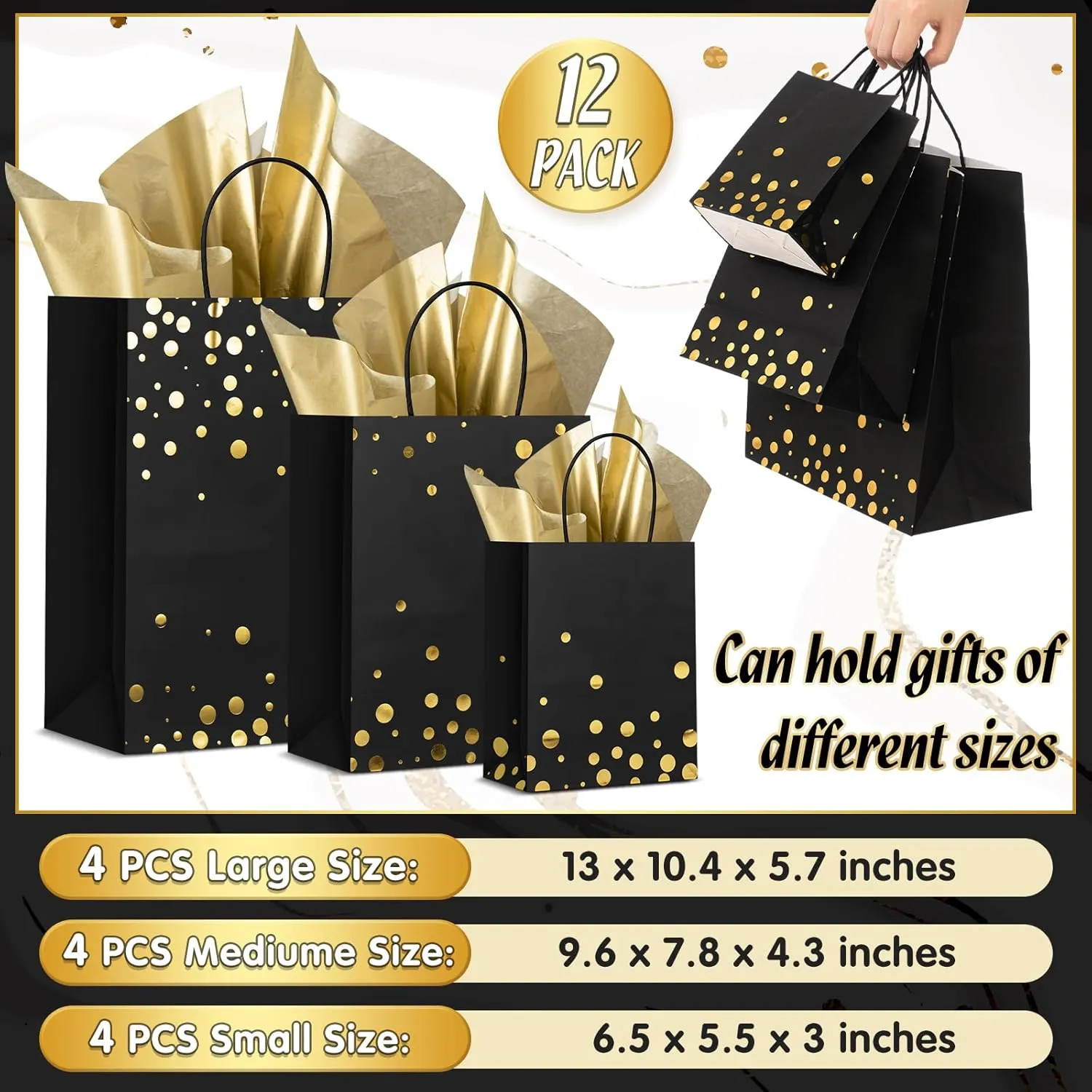 Humyoun 12 Pack Graduation Gift Bags(4 Small 6.5" 4 Medium 9.6" 4 Large 13") with Tissue Paper St. Patrick's Day Treat Bag for Mother's Day Easter Birthday Bridal Shower(Black Gold)