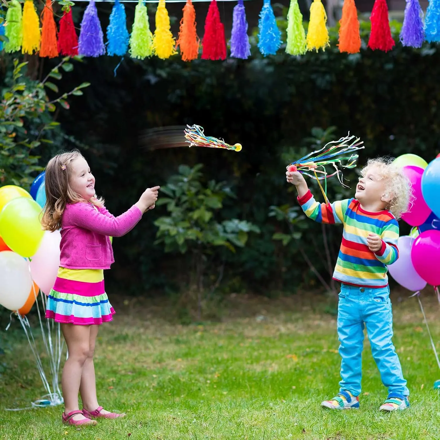Hungdao 30 Pcs 4th of July Parade Throws Bulk Bouncy Balls Party Favors Goodie Bags Filler Large Rubber Bouncy Balls with Colorful Streamers Rainbow Carnival Party Favor Pinata Stuffer