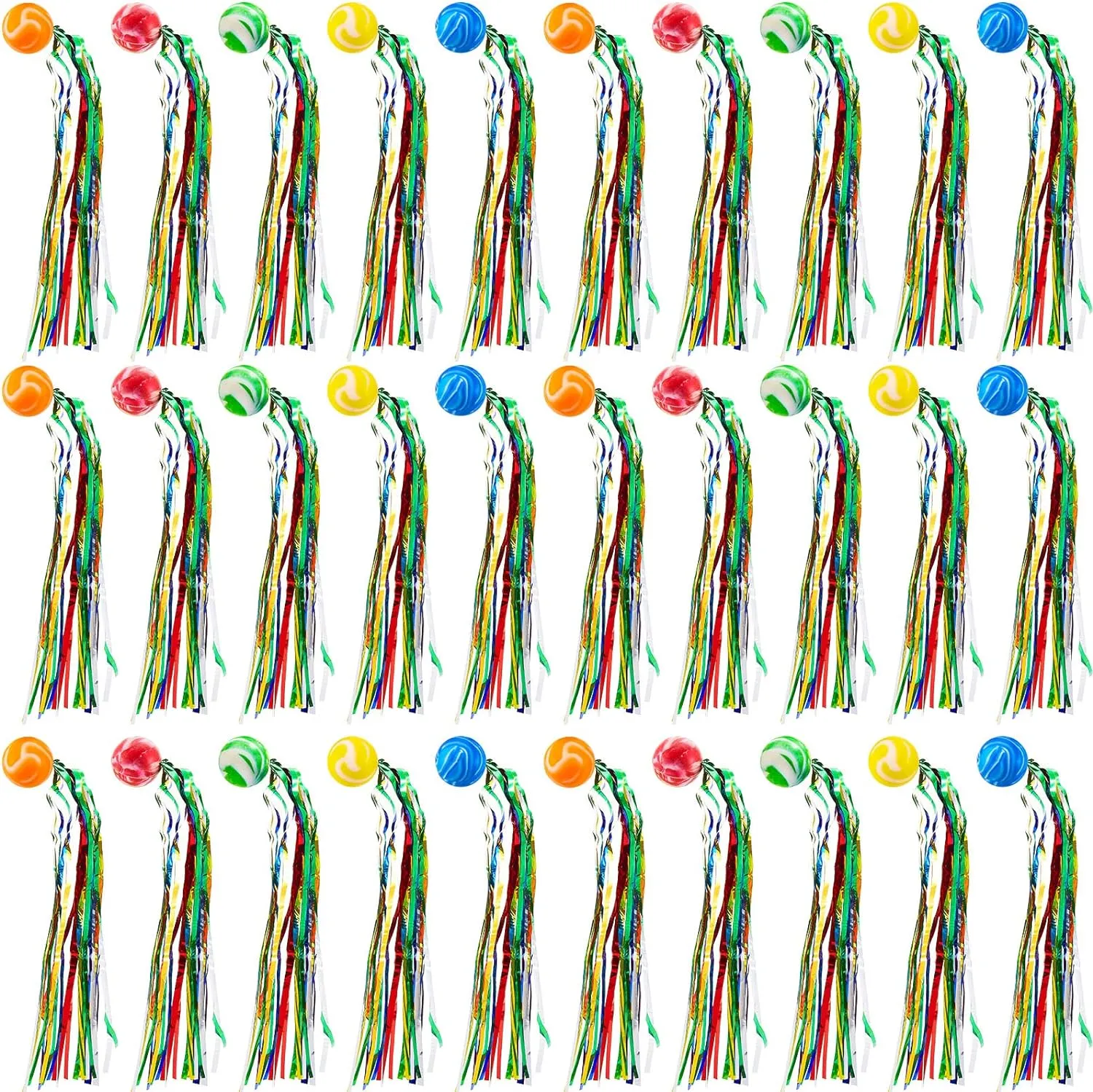 Hungdao 30 Pcs 4th of July Parade Throws Bulk Bouncy Balls Party Favors Goodie Bags Filler Large Rubber Bouncy Balls with Colorful Streamers Rainbow Carnival Party Favor Pinata Stuffer