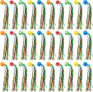 Hungdao 30 Pcs 4th of July Parade Throws Bulk Bouncy Balls Party Favors Goodie Bags Filler Large Rubber Bouncy Balls with Colorful Streamers Rainbow Carnival Party Favor Pinata Stuffer