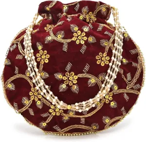 IGH Handmade Women's Velvet Embroidered Potli Purse | Indian Drawstring Bag Green Ethnic Handbag for Weddings & Parties 1 Pcs