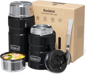 Insulated Food Jar Set – 25.4oz & 17oz Stainless Steel Containers with Folding Spoon and Carrying Bags – Leak-Proof, Keeps Food Hot or Cold for up to 12 Hours – Ideal for Work, School, Travel