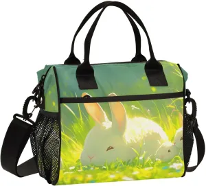 Insulated Lunch Bag Women - Rabbits on The Lawn Lunch Box, Leak Resistant, Adjustable Shoulder Strap, for Work, Outdoor Activities