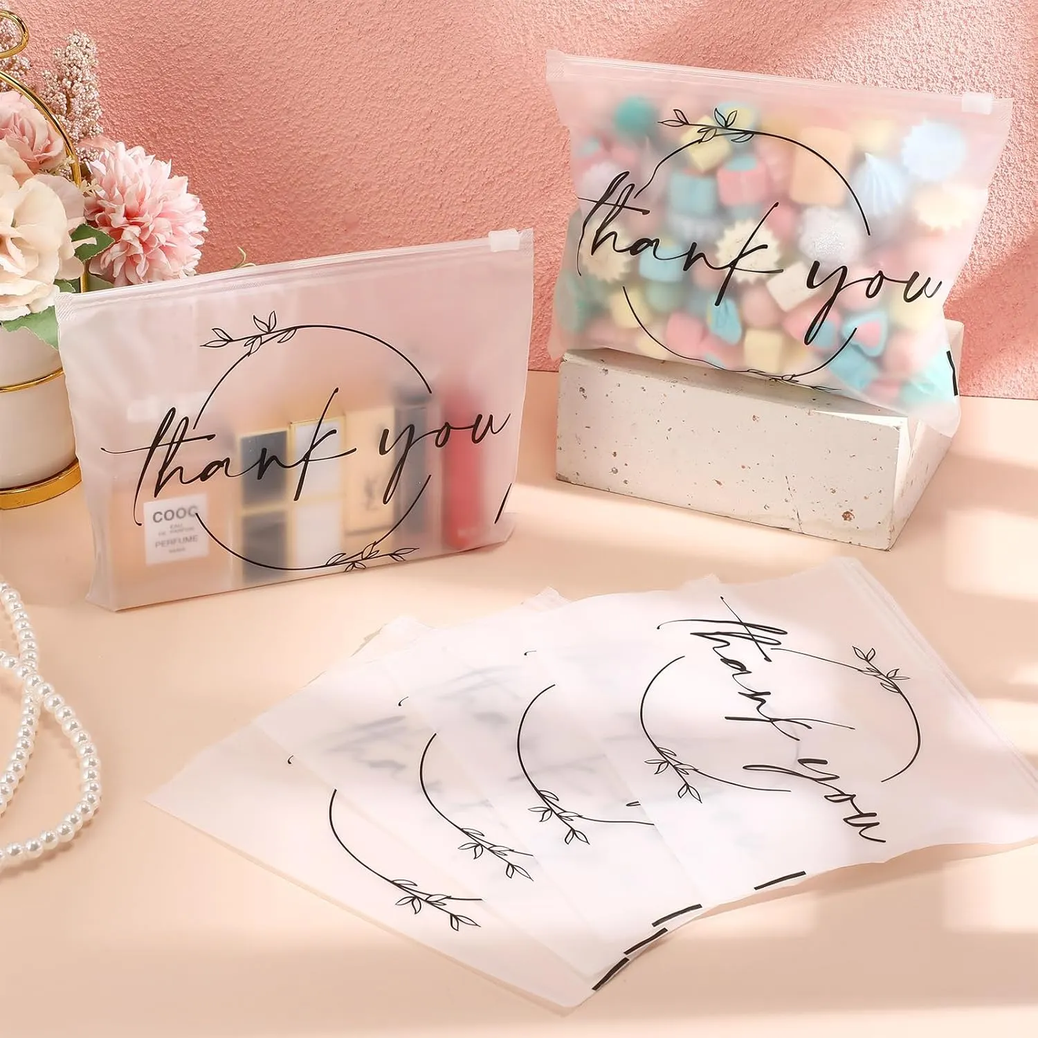 Ireer 100 Pcs Thank You Gift Makeup Bags EVA Clear Cosmetic Bag with Zipper Mini Makeup Thank You Toiletry Cosmetics Bulk Gifts for Women Birthday Daughter Sister(Clear)