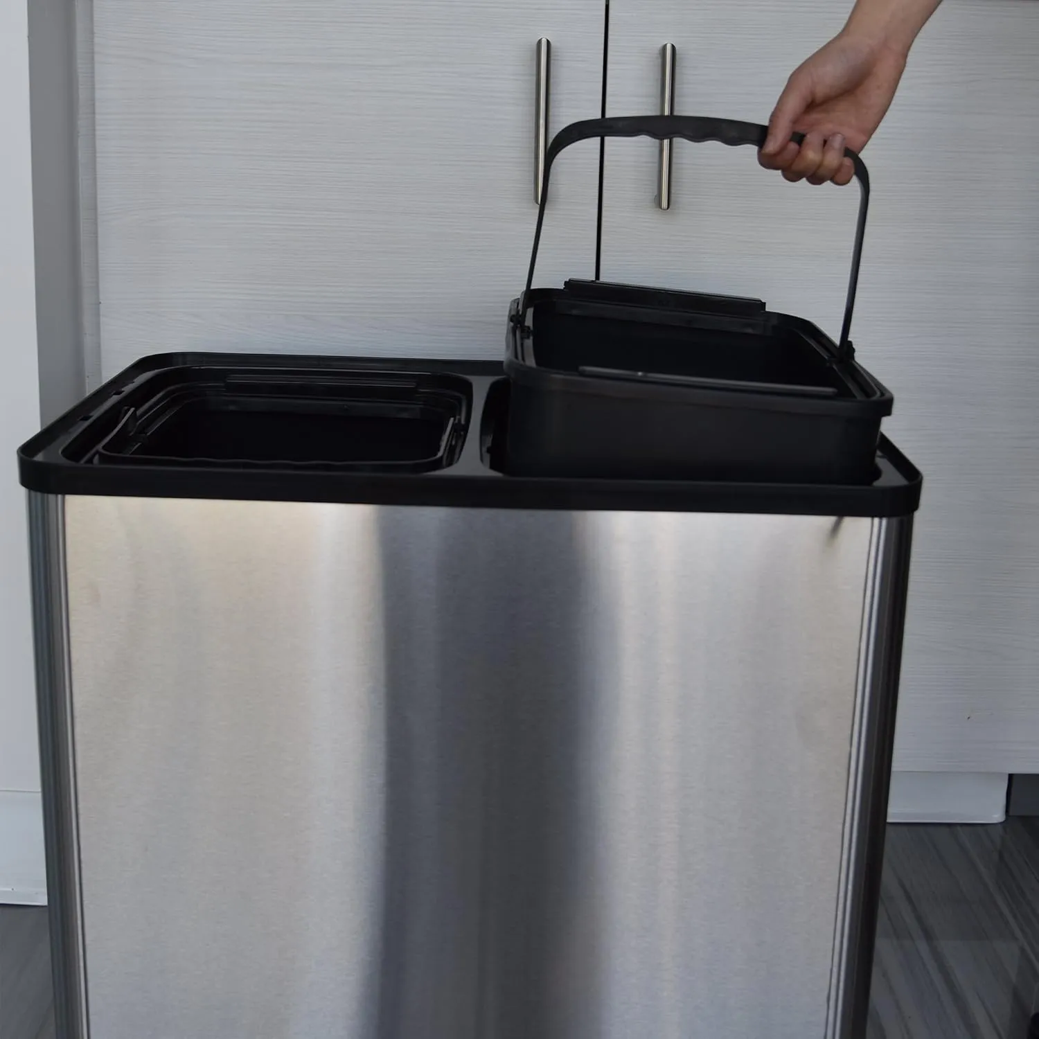 iTouchless 16 Gallon Touchless Sensor Kitchen Trash Can and Recycle Bin with Wheels, 60 Liter Stainless Steel Dual-Compartment (2 x 8 Gallon) Combo Recycling and Garbage Trashcan