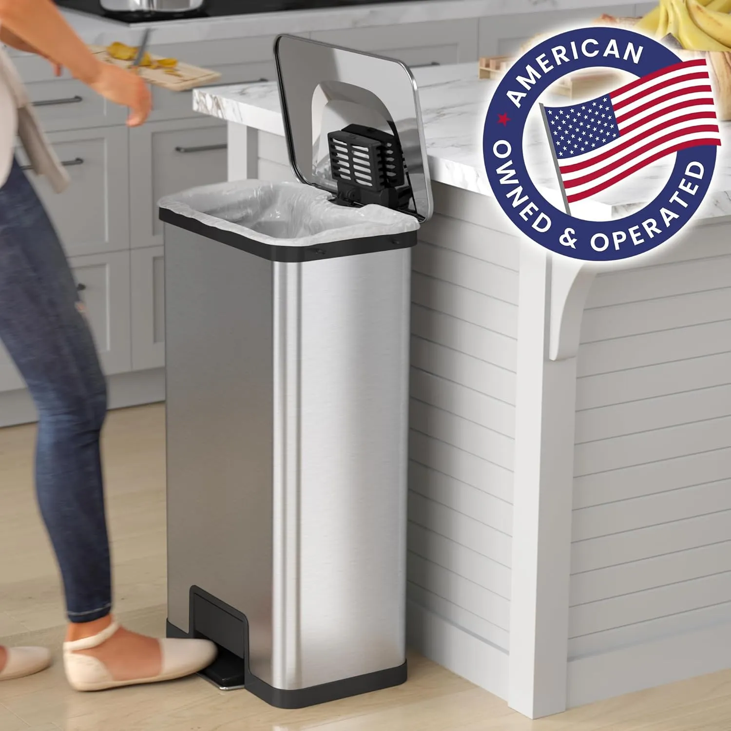 iTouchless Airstep 18 Gallon Step Pedal Kitchen Trash Can with Odor Filter, 68 Liter Commercial Grade Stainless Steel Extra-Capacity Recycle Bin for Home and Office, Silent Lid Open and Close