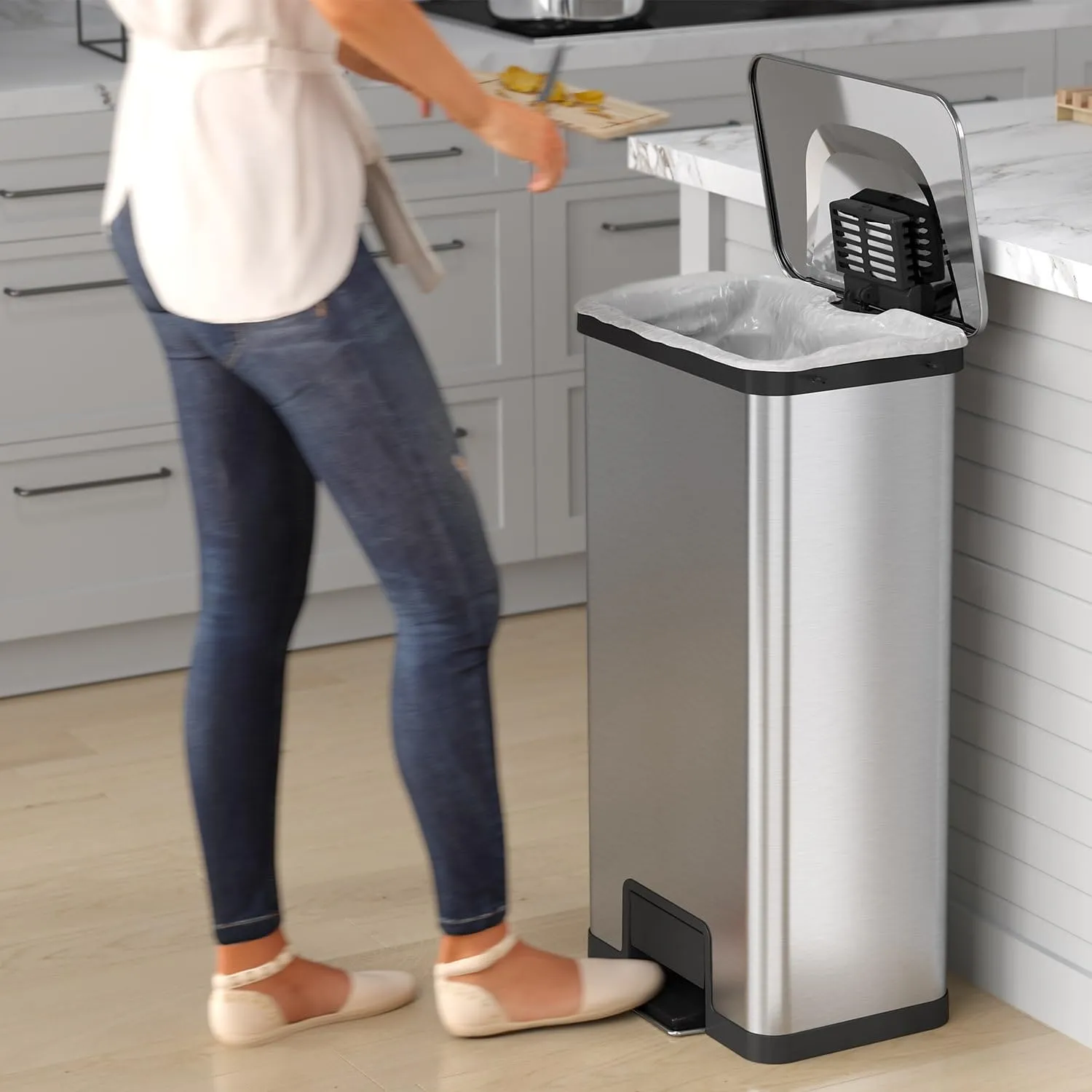 iTouchless Airstep 18 Gallon Step Pedal Kitchen Trash Can with Odor Filter, 68 Liter Commercial Grade Stainless Steel Extra-Capacity Recycle Bin for Home and Office, Silent Lid Open and Close