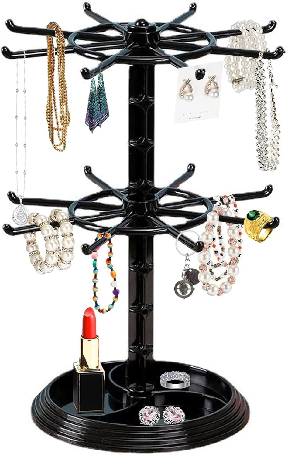 Jewelry Stand Organizer Rotating Necklace Holder Two Tiers Spinner Keychain Bracelets Display