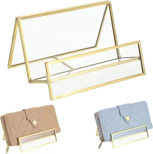 JUXYES Luxurious Wallet Display Stand, Golden Glass Purse Display Stand Modern Handbag Display Rack for Boutique, Retail Countertop Display Stand for Handbags, Purse, Clutches, Wallet