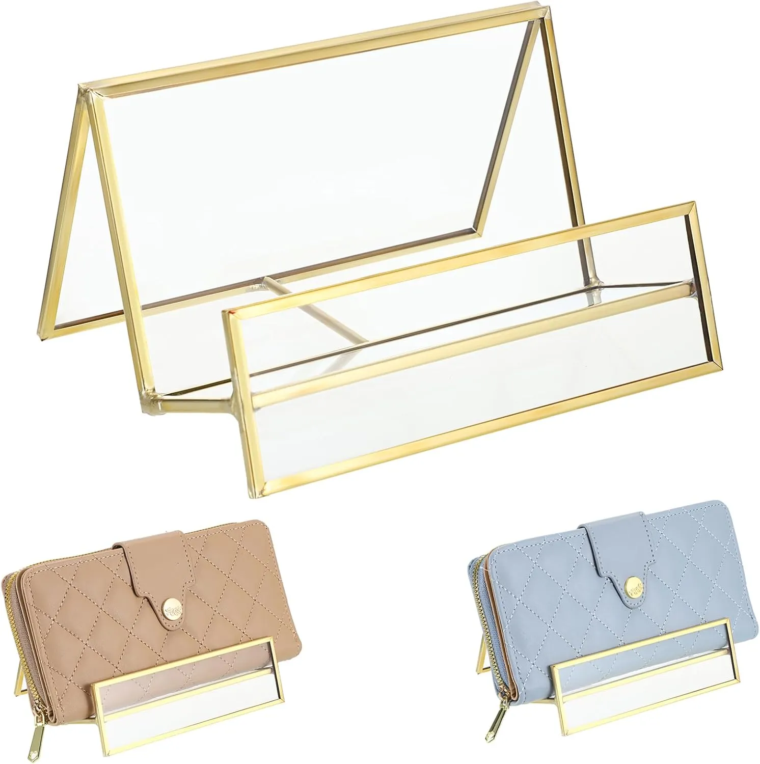 JUXYES Luxurious Wallet Display Stand, Golden Glass Purse Display Stand Modern Handbag Display Rack for Boutique, Retail Countertop Display Stand for Handbags, Purse, Clutches, Wallet