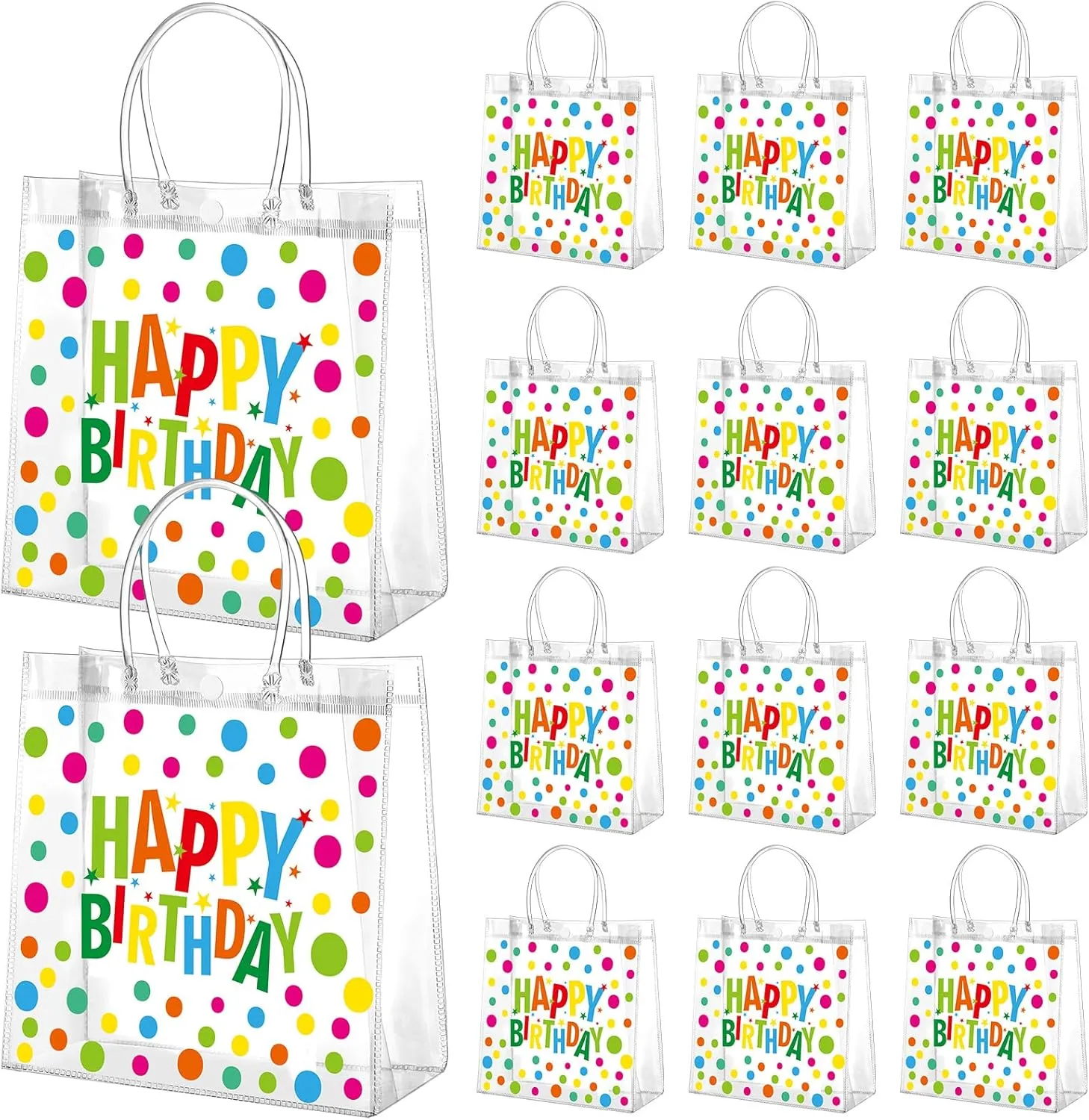 Kacctyen 24 Pcs Birthday Gift Bags for Party Favor Clear Birthday Goodie Bags with Handle 7.87 x 7.87 x 3.15 Return Gift Wrap Totes for Guests Treat Candy Wrapping