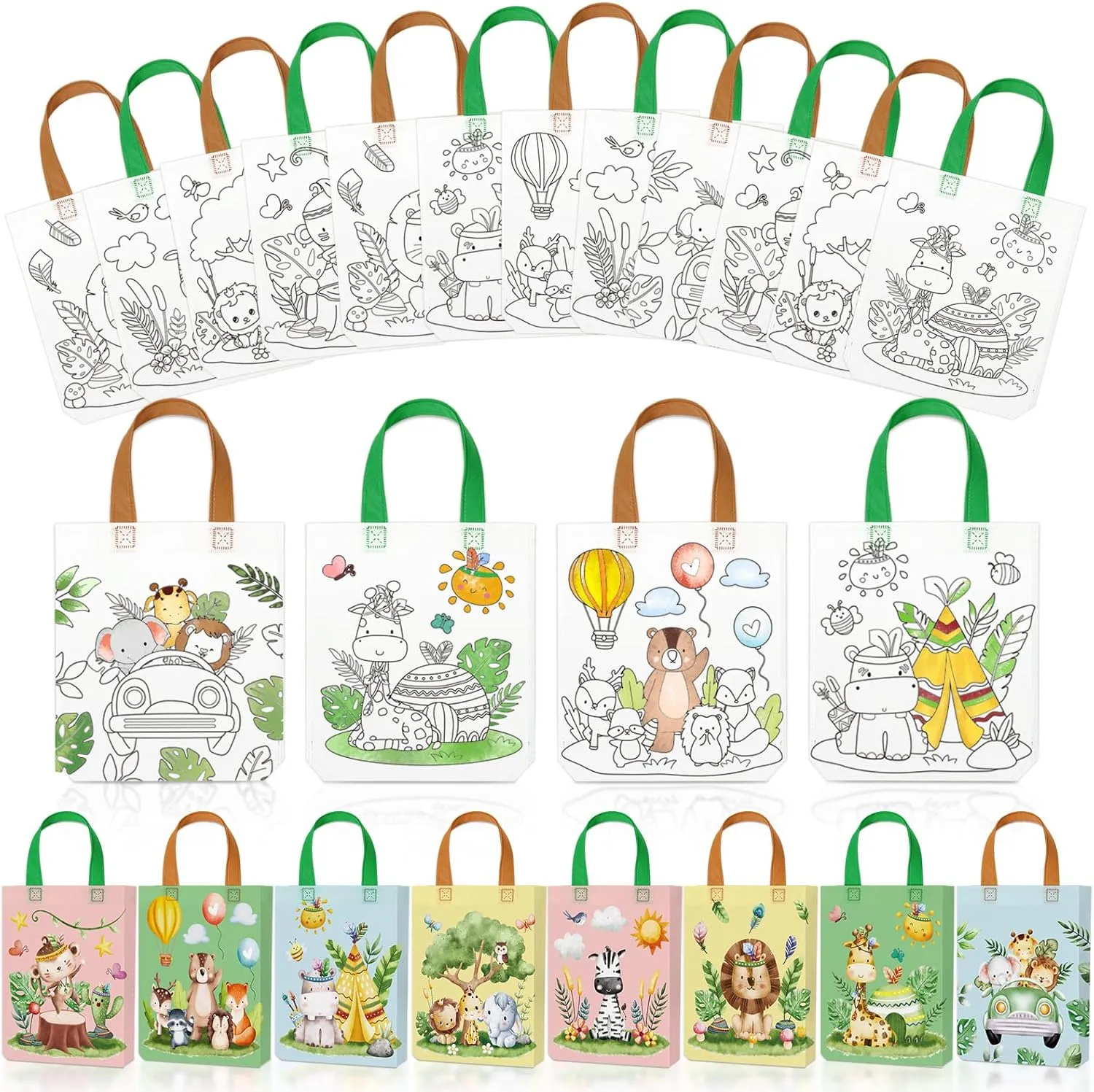 Kajaia 24 Pcs Coloring Bags DIY Bags Bulk Color Your Own Tote Bag Gift Bags Reusable Non Woven Bags Goodie Bag with Handle for DIY Crafts Painting Party Favor Supplies (Animal)