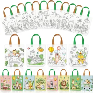 Kajaia 24 Pcs Coloring Bags DIY Bags Bulk Color Your Own Tote Bag Gift Bags Reusable Non Woven Bags Goodie Bag with Handle for DIY Crafts Painting Party Favor Supplies (Animal)