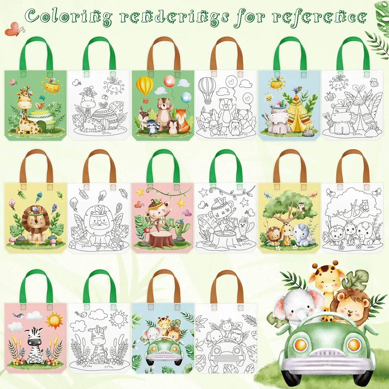 Kajaia 24 Pcs Coloring Bags DIY Bags Bulk Color Your Own Tote Bag Gift Bags Reusable Non Woven Bags Goodie Bag with Handle for DIY Crafts Painting Party Favor Supplies (Animal)