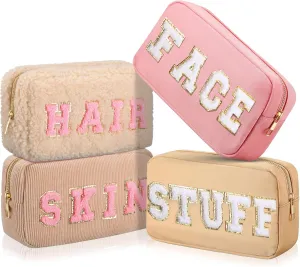 Kajaia 4 Pcs Preppy Makeup Bags Chenille Letter Stuff Bag Cute Cosmetic Pouch Cases for Women Trave Toiletry spend the night(Simple Color,Charming)