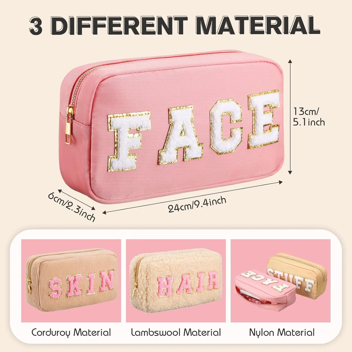 Kajaia 4 Pcs Preppy Makeup Bags Chenille Letter Stuff Bag Cute Cosmetic Pouch Cases for Women Trave Toiletry spend the night(Simple Color,Charming)