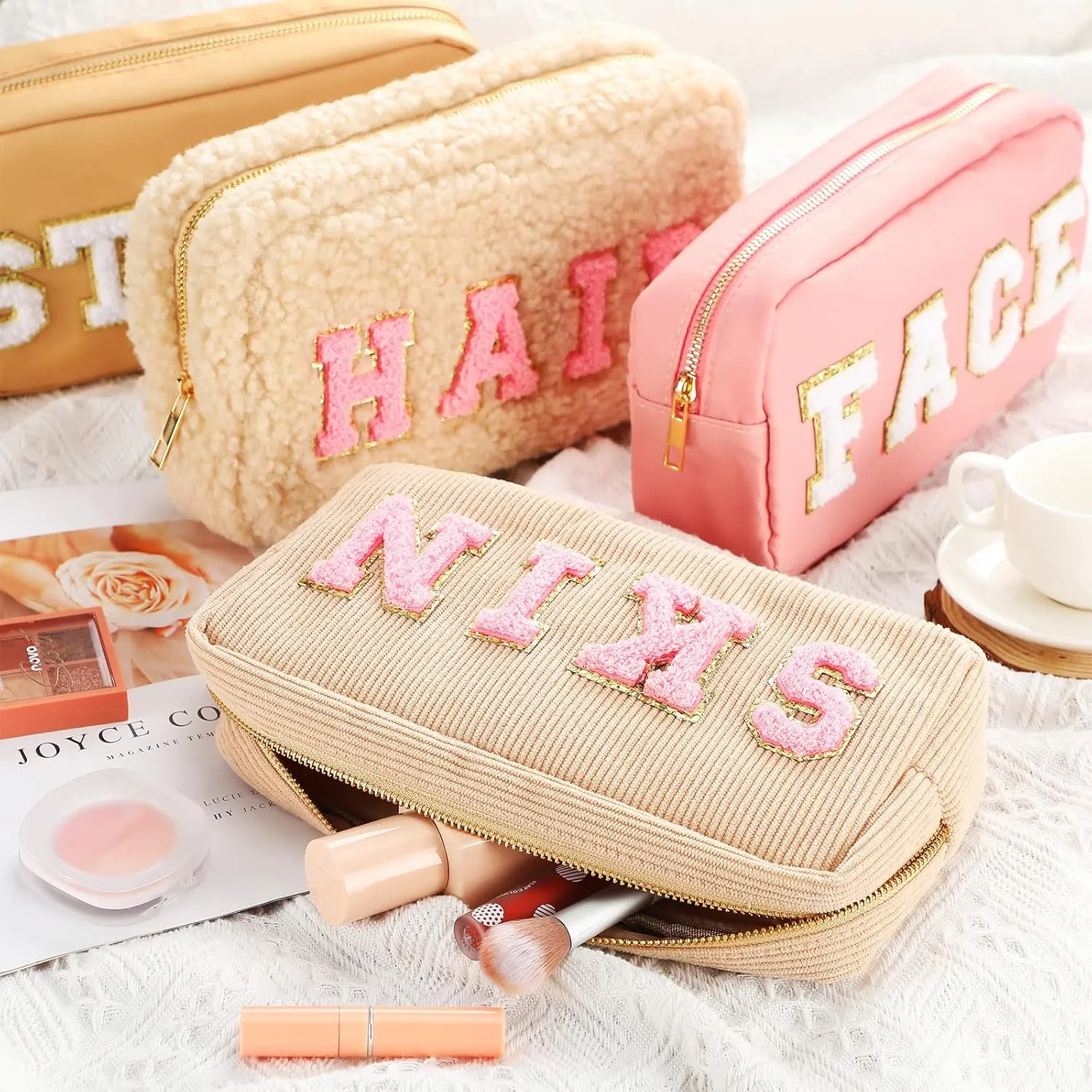 Kajaia 4 Pcs Preppy Makeup Bags Chenille Letter Stuff Bag Cute Cosmetic Pouch Cases for Women Trave Toiletry spend the night(Simple Color,Charming)