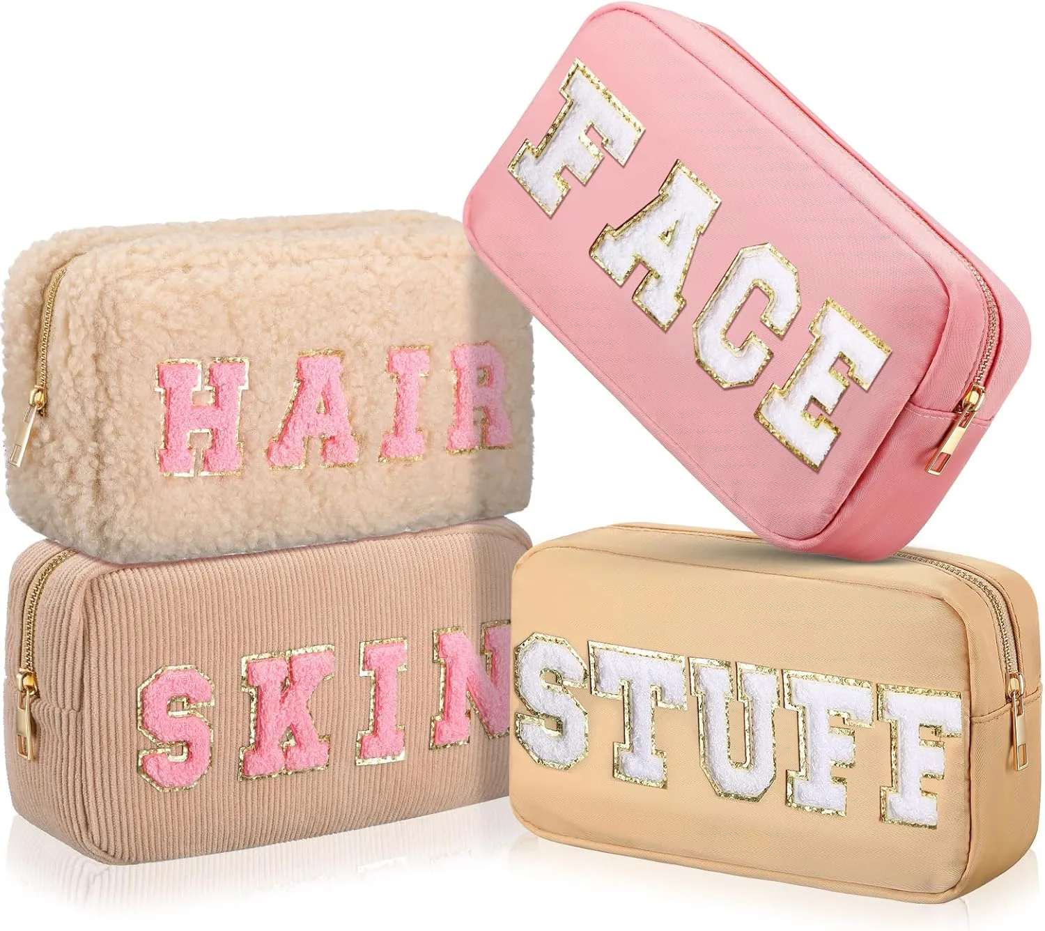 Kajaia 4 Pcs Preppy Makeup Bags Chenille Letter Stuff Bag Cute Cosmetic Pouch Cases for Women Trave Toiletry spend the night(Simple Color,Charming)