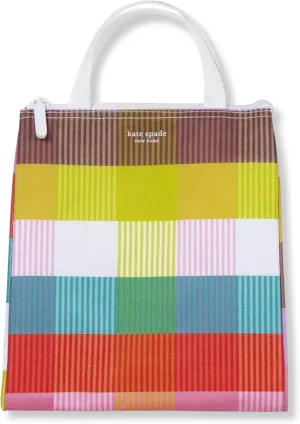 Kate Spade New York Portable Soft Cooler Lunch Bag with Silver Insulated Interior Lining and Storage Pocket, Rainbow Plaid