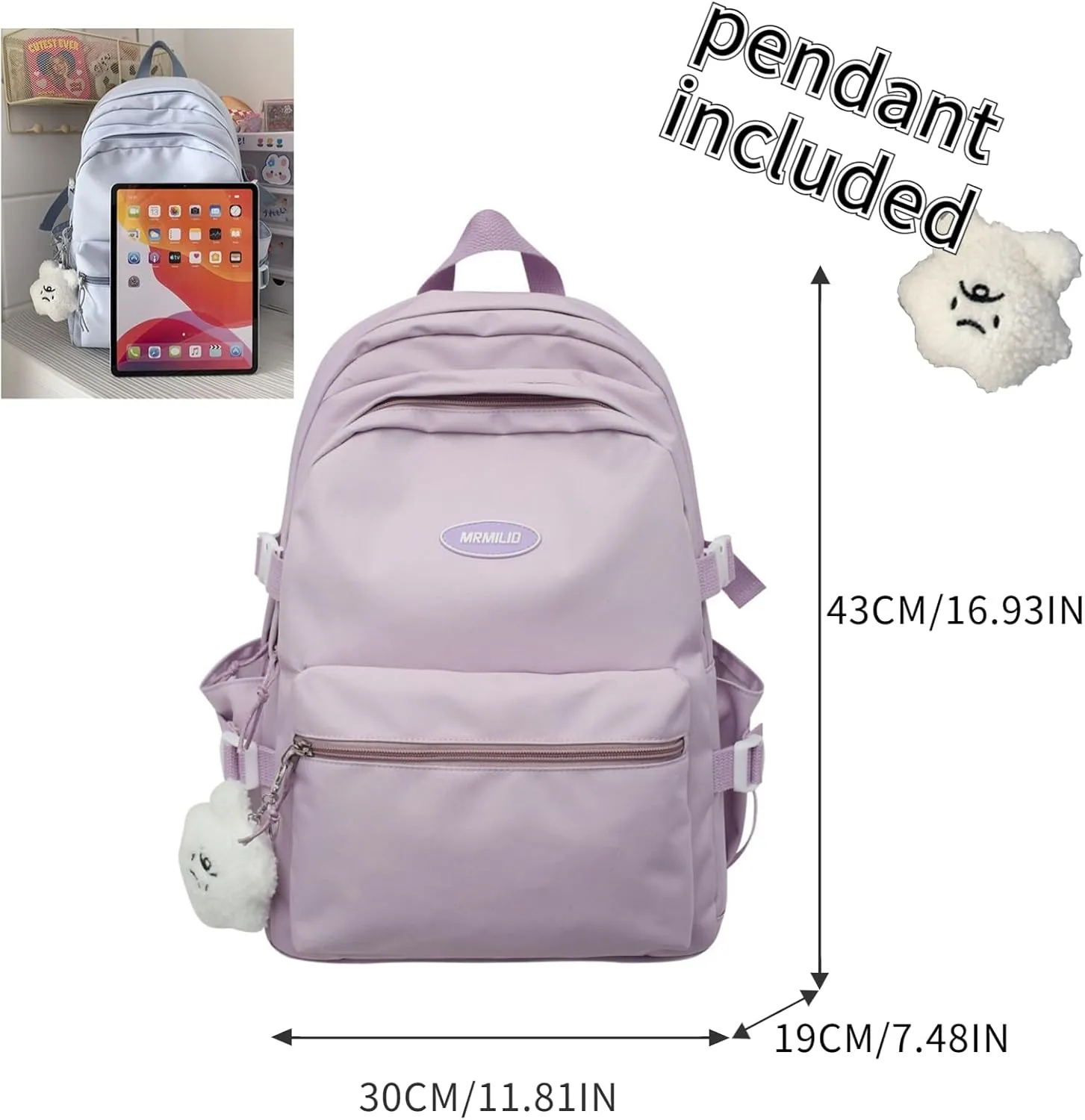 Kawaii Backpack with Cute Accessories Casual Aesthetic Daypack Simple Laptop Bag Waterproof Travel Rucksack for Women (purple)