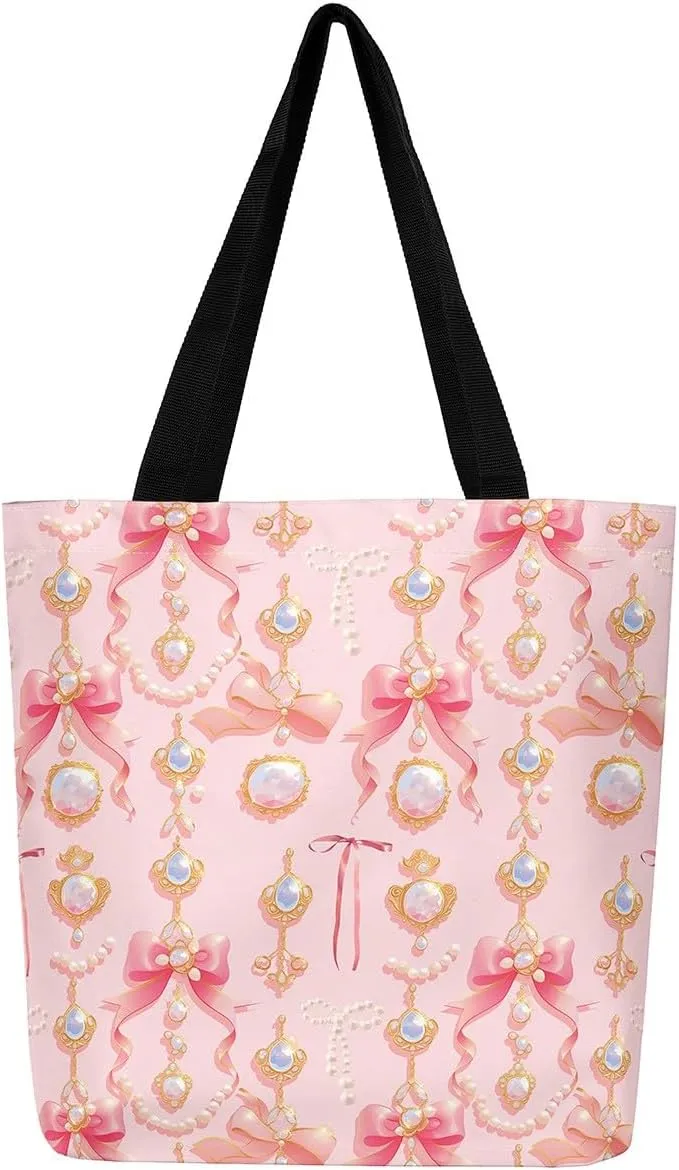 Kawaii Bowknot Canvas Tote Bag,Cute Ribbon Bow Tote Bag,Pink Butterfly Bowknots Shoulder Bag