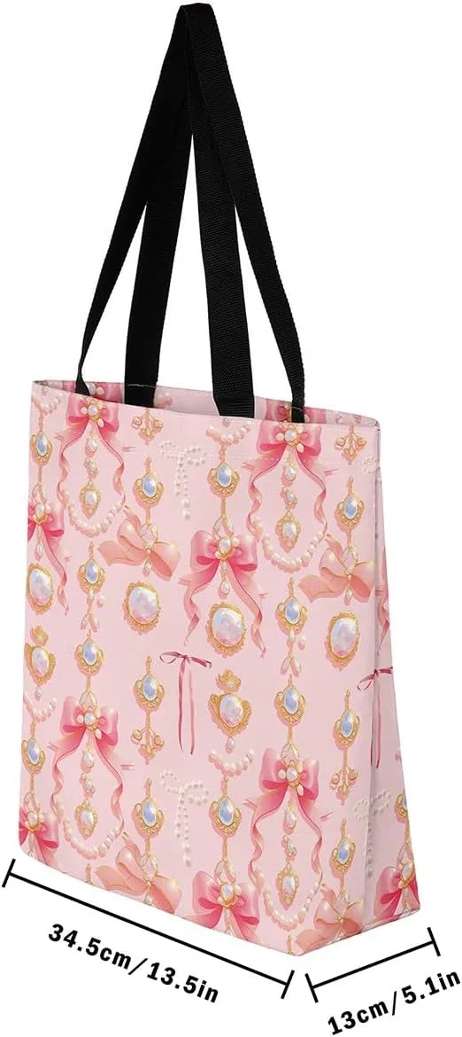 Kawaii Bowknot Canvas Tote Bag,Cute Ribbon Bow Tote Bag,Pink Butterfly Bowknots Shoulder Bag