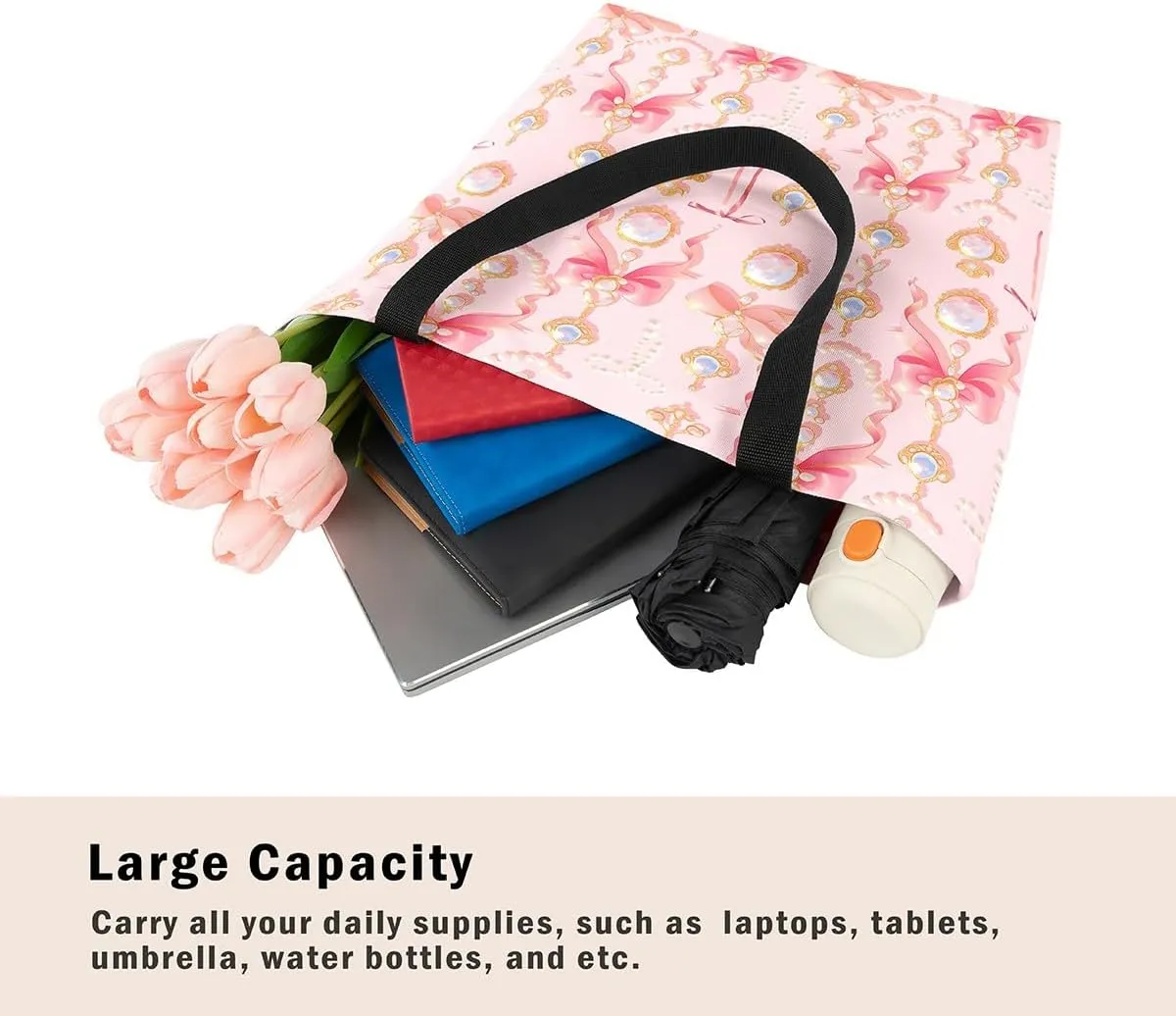 Kawaii Bowknot Canvas Tote Bag,Cute Ribbon Bow Tote Bag,Pink Butterfly Bowknots Shoulder Bag