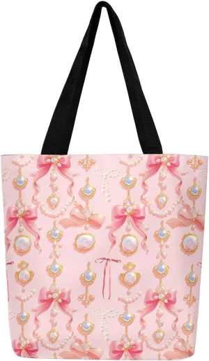 Kawaii Bowknot Canvas Tote Bag,Cute Ribbon Bow Tote Bag,Pink Butterfly Bowknots Shoulder Bag