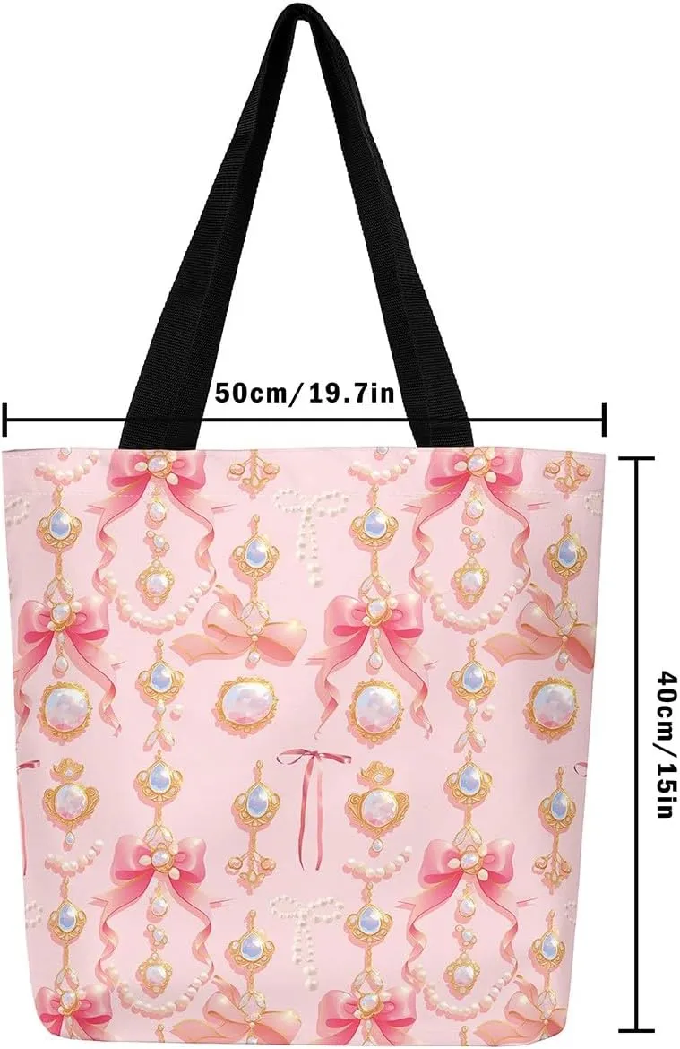 Kawaii Bowknot Canvas Tote Bag,Cute Ribbon Bow Tote Bag,Pink Butterfly Bowknots Shoulder Bag