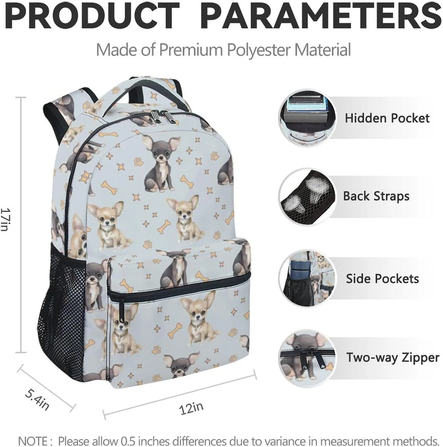 Kids Backpack for School, 17 Inch Colorful Chihuahua Backpacks for Girls, Cute Durable Bookbag for Travel