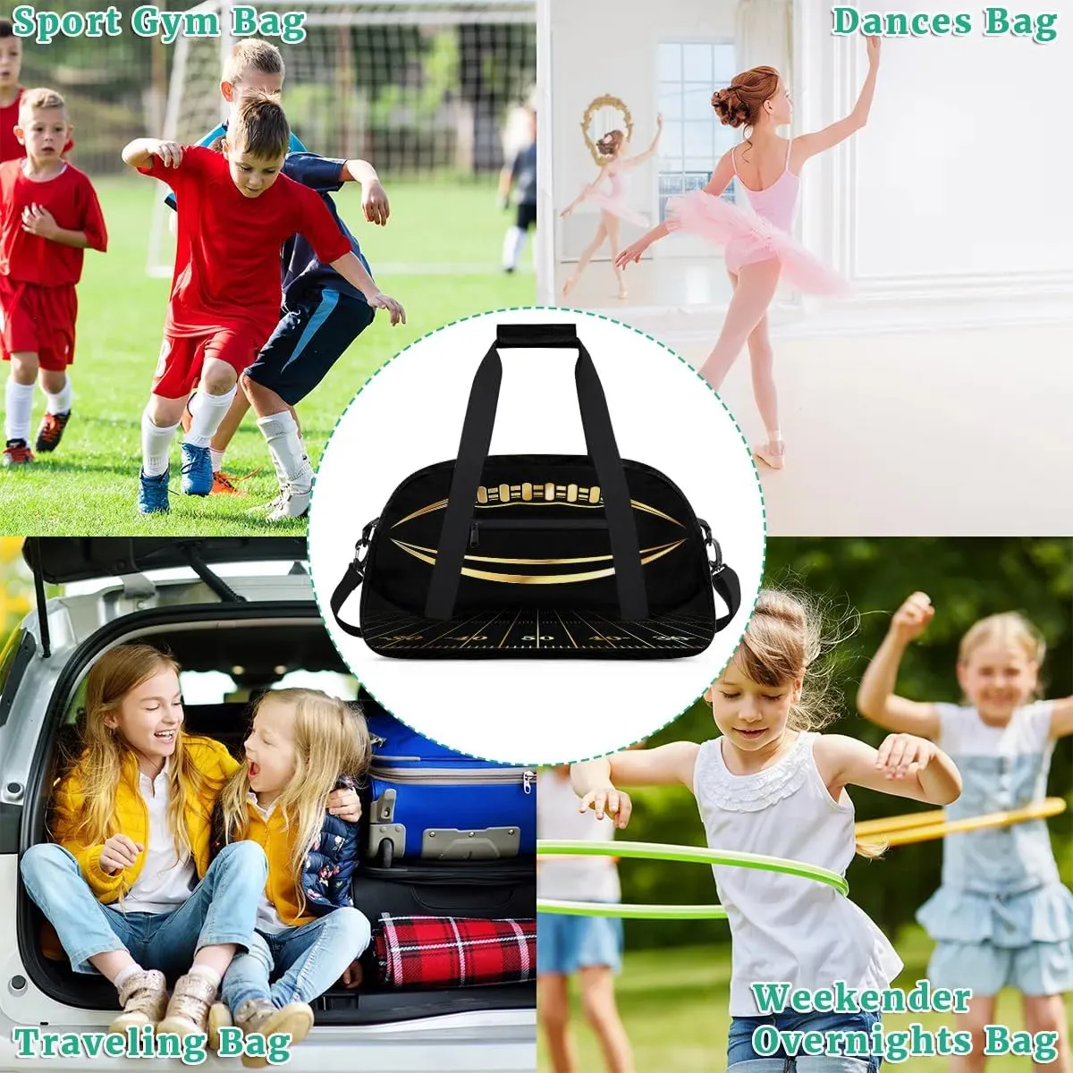 Kids Overnighter Duffel Bags for Boys Girls, Golden Football Carry-On Size Sports Gym Bag for School Practice or Overnight Travel Weekender Sleepover Workout Tote Bag