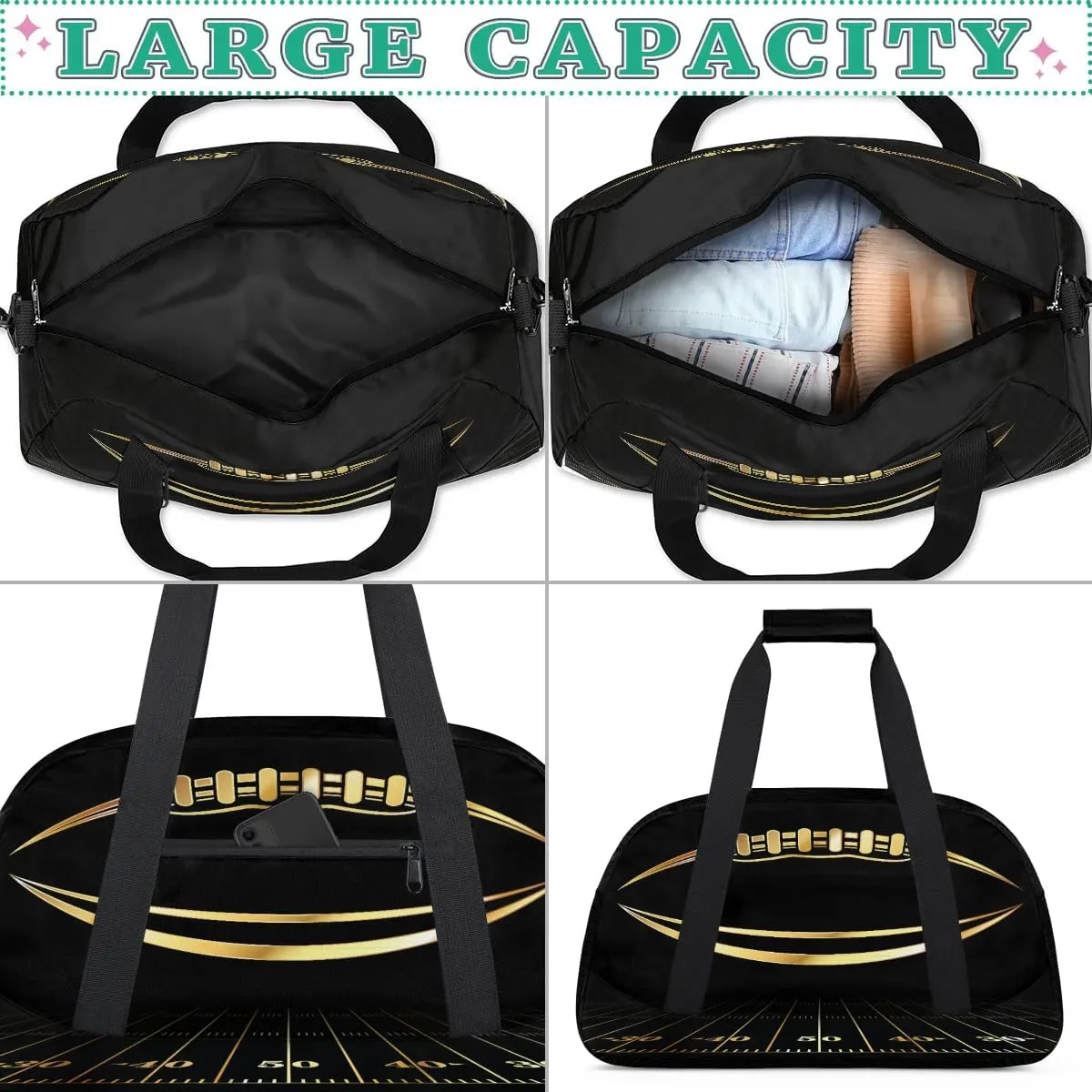 Kids Overnighter Duffel Bags for Boys Girls, Golden Football Carry-On Size Sports Gym Bag for School Practice or Overnight Travel Weekender Sleepover Workout Tote Bag